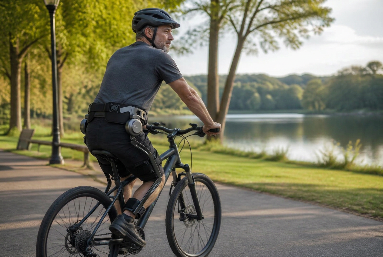 Cyclist riding a bicycle on a paved park path while wearing BotLegs powered movement assistance