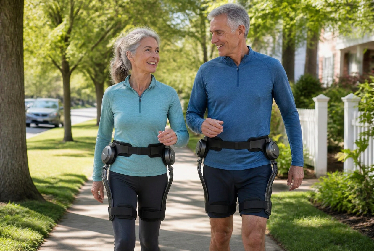 Active older couple walking together on a neighborhood sidewalk while wearing BotLegs wearable mobility assistance