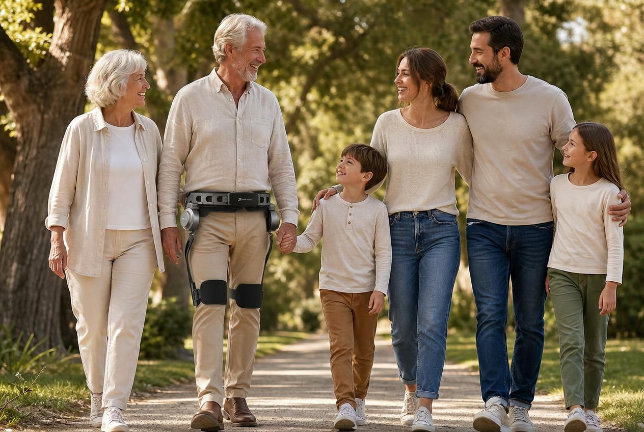 Older adult walking with family in a park while wearing BotLegs wearable mobility assistance