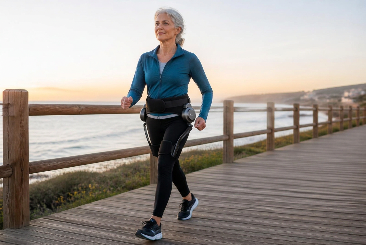 Woman fitness walking on a coastal boardwalk at sunrise while wearing BotLegs assistive walking technology
