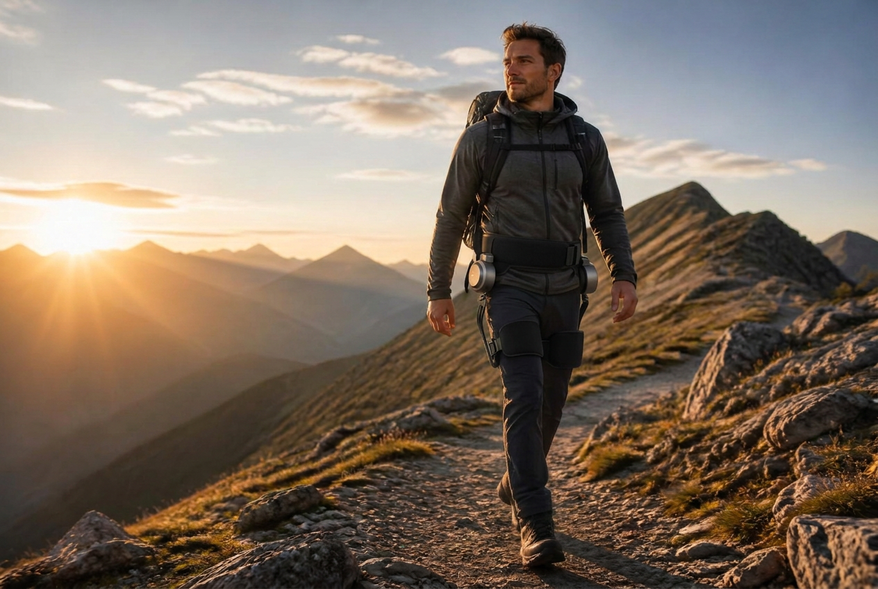 Hiker on a mountain ridge trail at sunrise wearing BotLegs hiking assistance technology